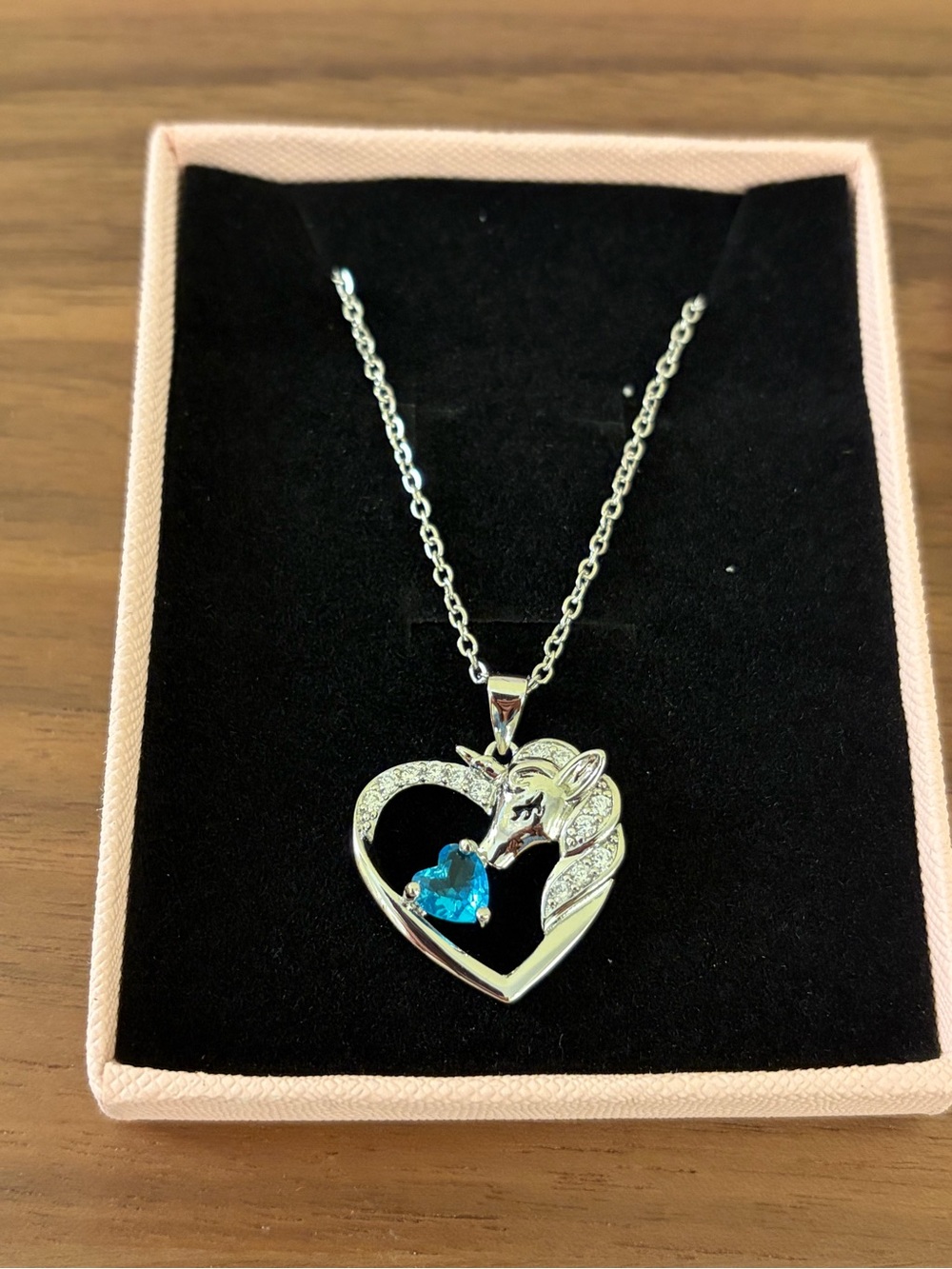 Sterling Silver Unicorn Heart Pendant Necklace with Blue Crystal
